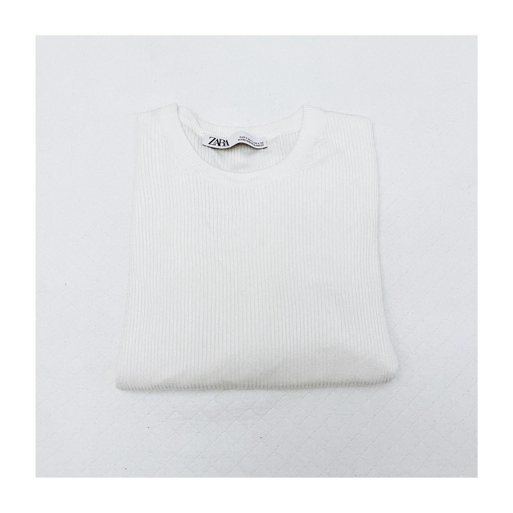 Zara White Crew Neck Top Ribbed SZ S